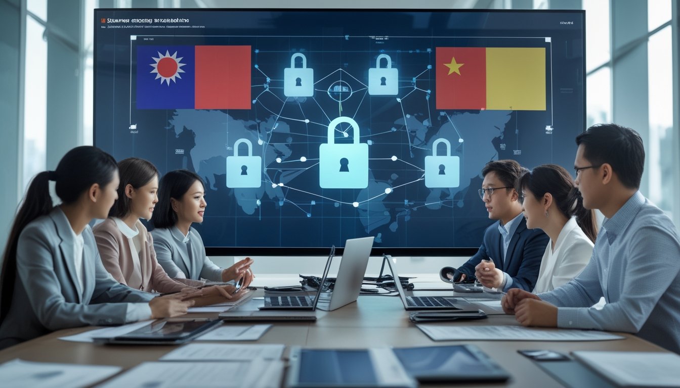 Sekelompok profesional Asia Tenggara sedang berdiskusi di ruang kantor modern dengan layar digital yang menampilkan grafik terkait regulasi permainan daring.