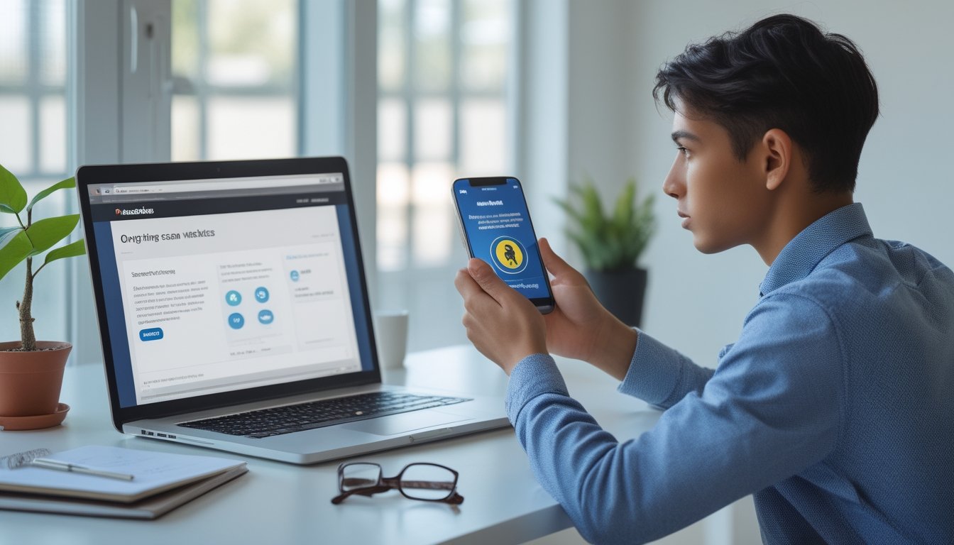 Seseorang duduk di depan laptop di meja kerja modern, terlihat fokus dan waspada saat menggunakan internet, dengan ponsel di tangan yang menampilkan peringatan keamanan.