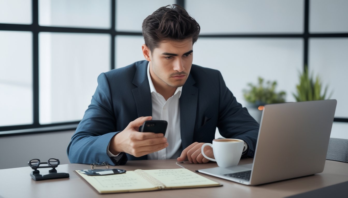 Seorang pria dewasa sedang duduk di meja dengan laptop dan ponsel, terlihat serius sedang meneliti situs judi online.