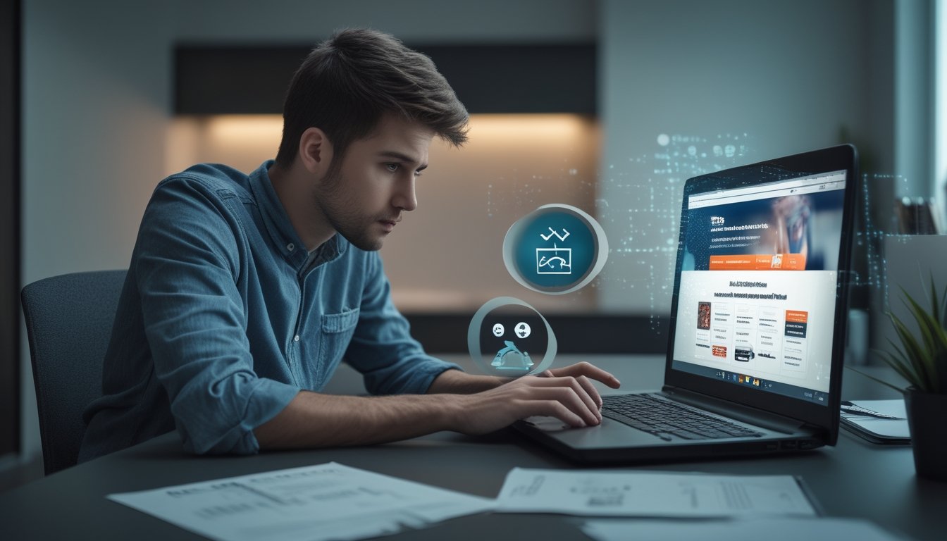 Seorang pria muda duduk di depan laptop yang menampilkan situs judi online mencurigakan, terlihat serius dan fokus di ruang kerja rumah.