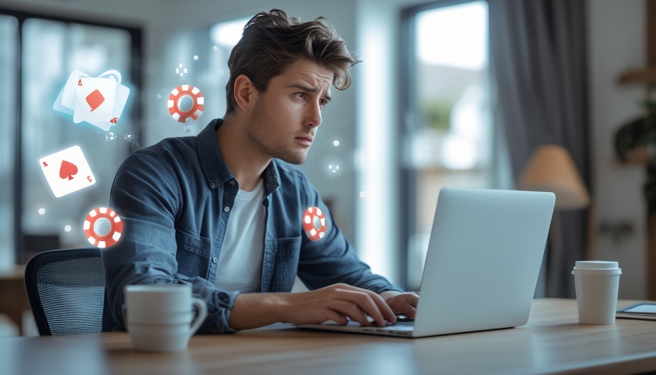 Seorang pria muda duduk di meja dengan ekspresi khawatir sambil melihat layar laptop di ruang kerja rumah.