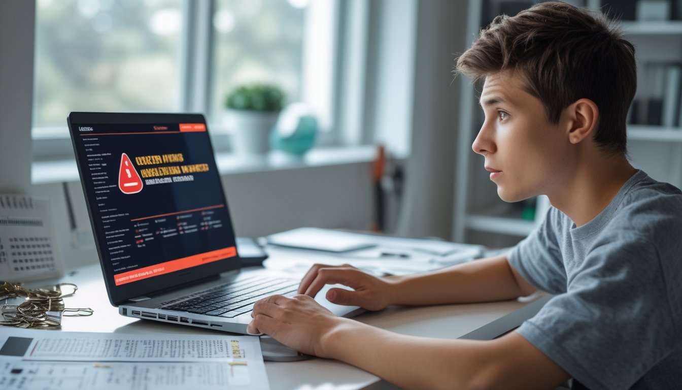 Seorang dewasa muda duduk di meja kerja melihat layar laptop dengan ekspresi waspada, menunjukkan kehati-hatian terhadap situs judi online yang mencurigakan.