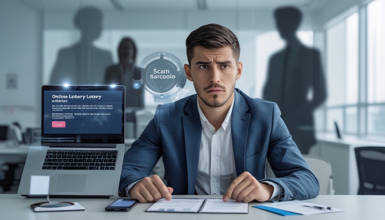 Seorang pria muda duduk di depan laptop dengan ekspresi khawatir, menunjukkan situasi terkait penipuan togel online dan upaya menghindarinya secara aman.