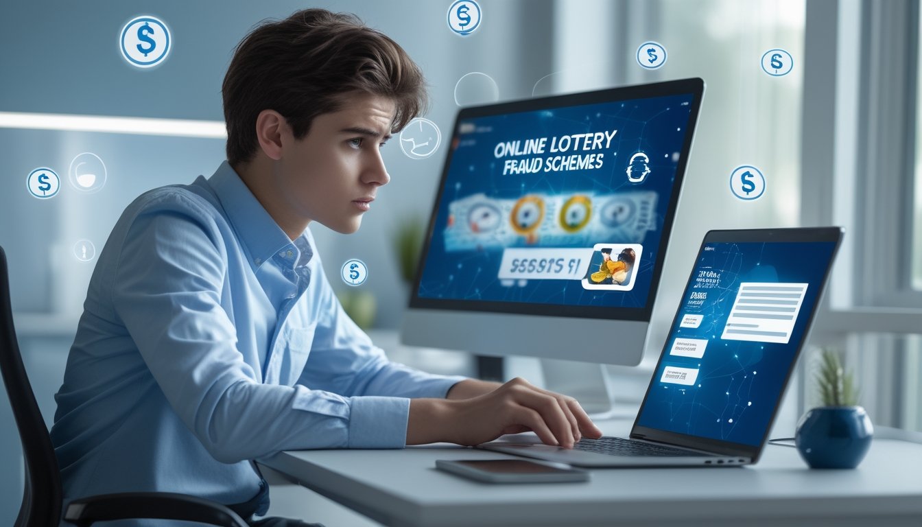 Seorang dewasa muda duduk di meja dengan laptop dan ponsel, terlihat khawatir saat memeriksa layar yang menampilkan grafik togel dan pesan mencurigakan.