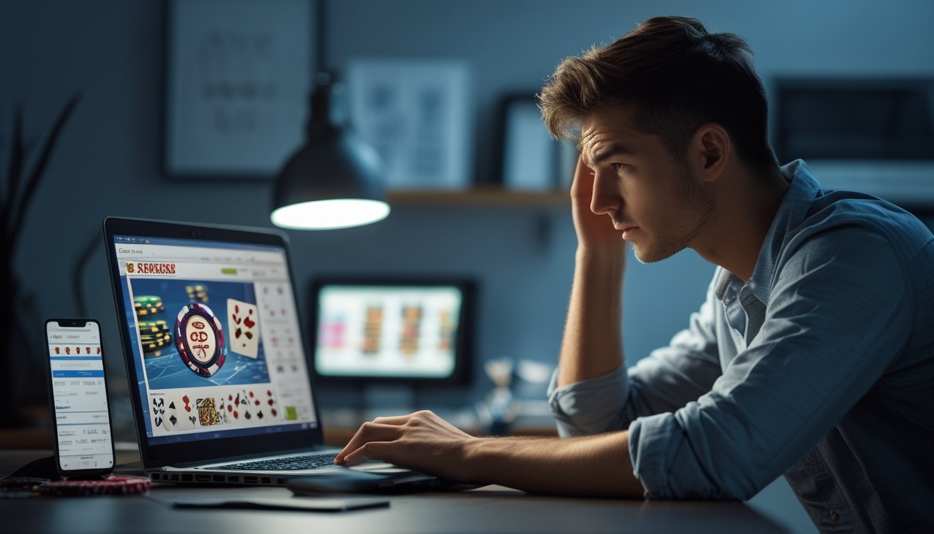 Seorang pria muda duduk di meja dengan ekspresi cemas sambil melihat layar laptop di ruangan yang remang-remang.