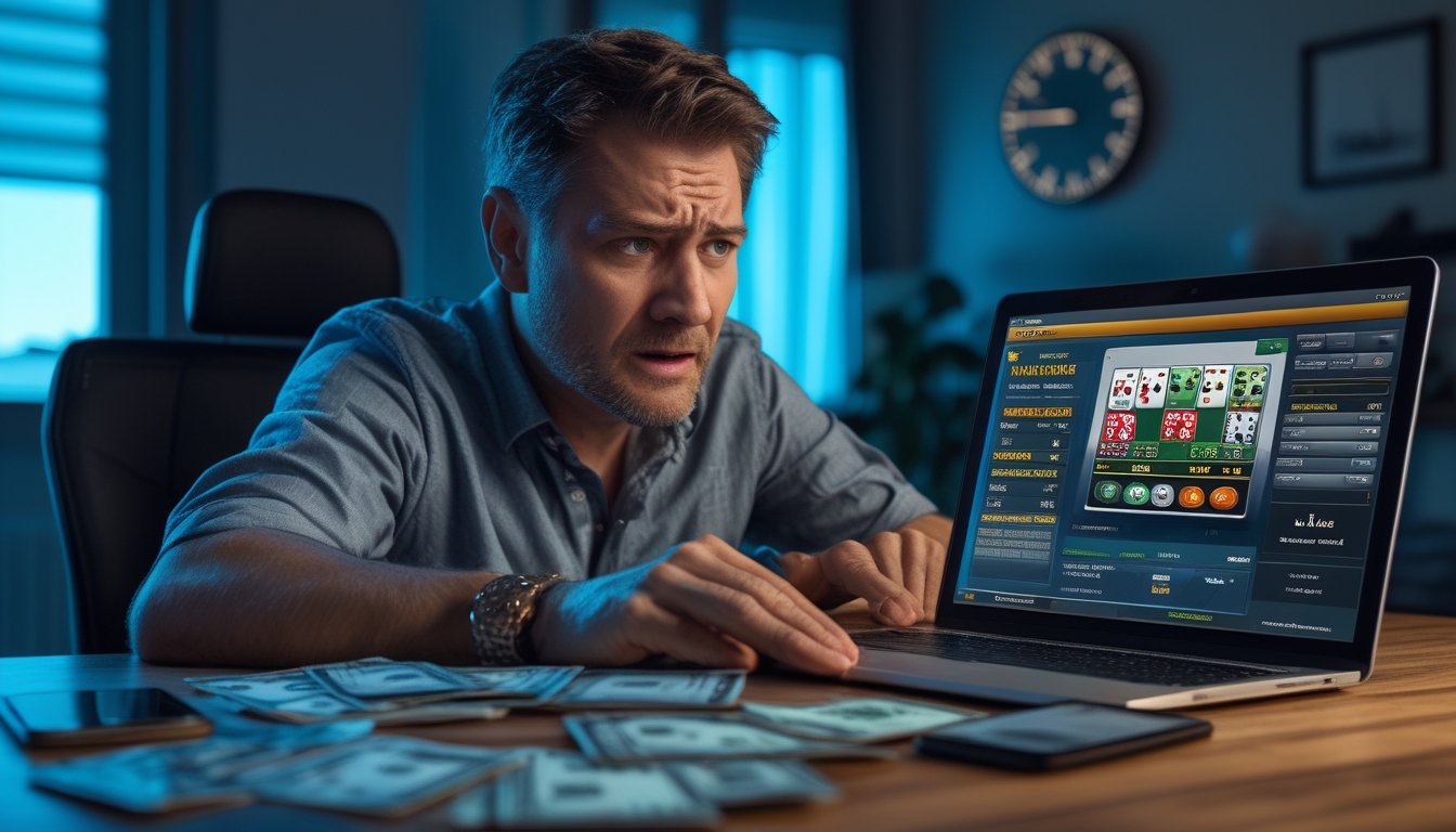 Seorang pria duduk di meja dengan ekspresi khawatir, menghadap laptop yang menampilkan situs judi online, dengan kartu kredit dan tagihan di sekitarnya.