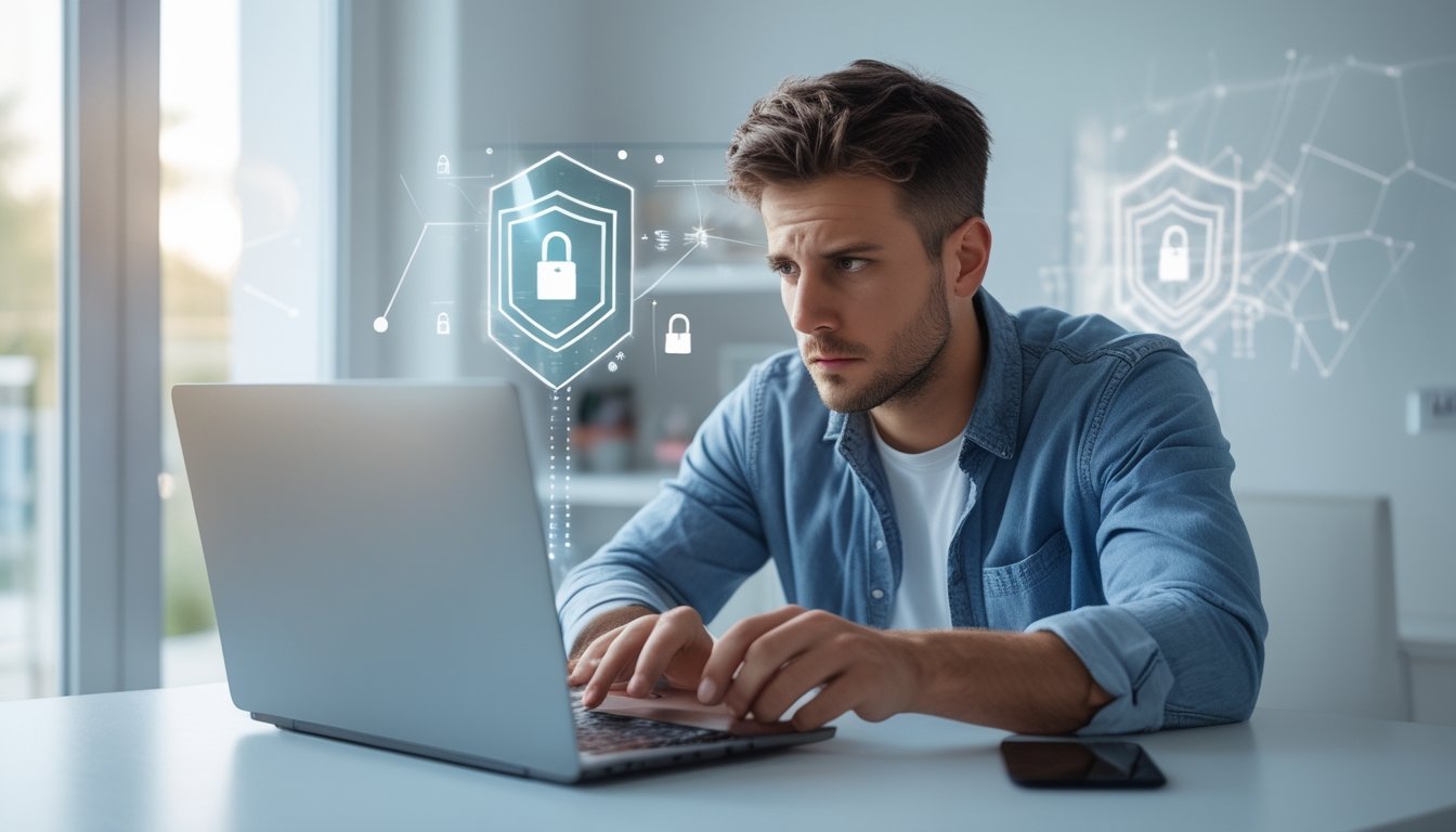 Seorang pria muda duduk di meja dengan laptop, terlihat serius dan berhati-hati saat menggunakan internet di ruang kerja rumah.