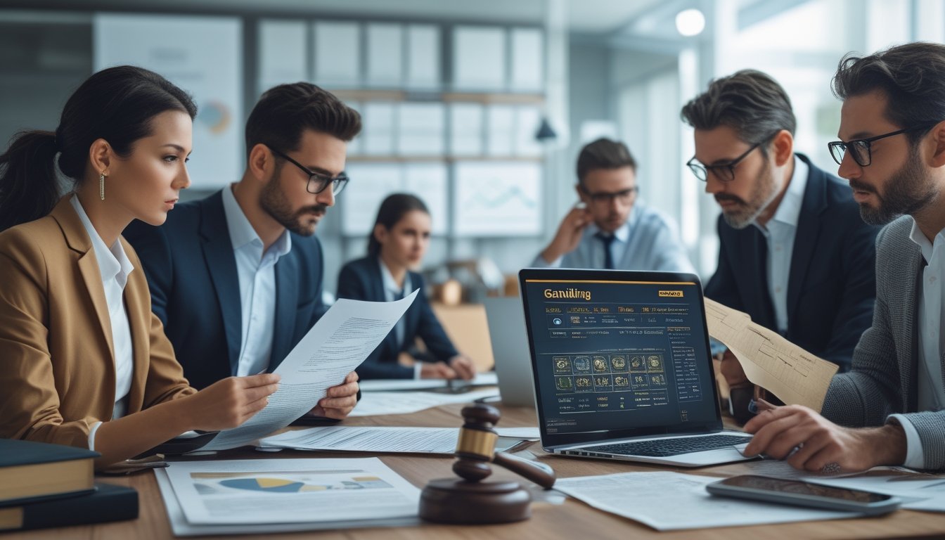 Sekelompok orang dewasa di kantor modern sedang membahas risiko hukum dan keuangan terkait judi online dengan dokumen hukum dan grafik keuangan di meja.