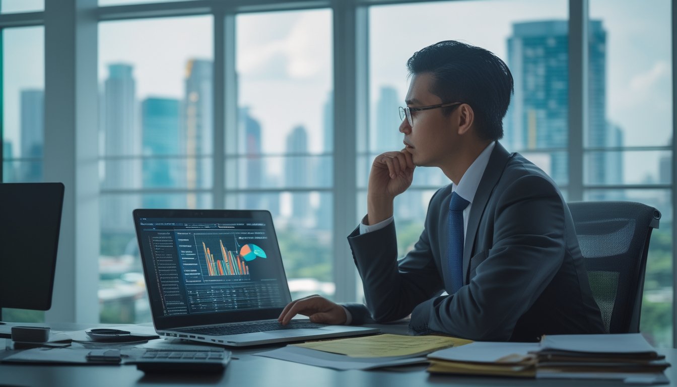 Seorang profesional Indonesia duduk di meja kantor dengan laptop dan dokumen, memandang serius sambil memikirkan risiko hukum dan finansial dari judi online.