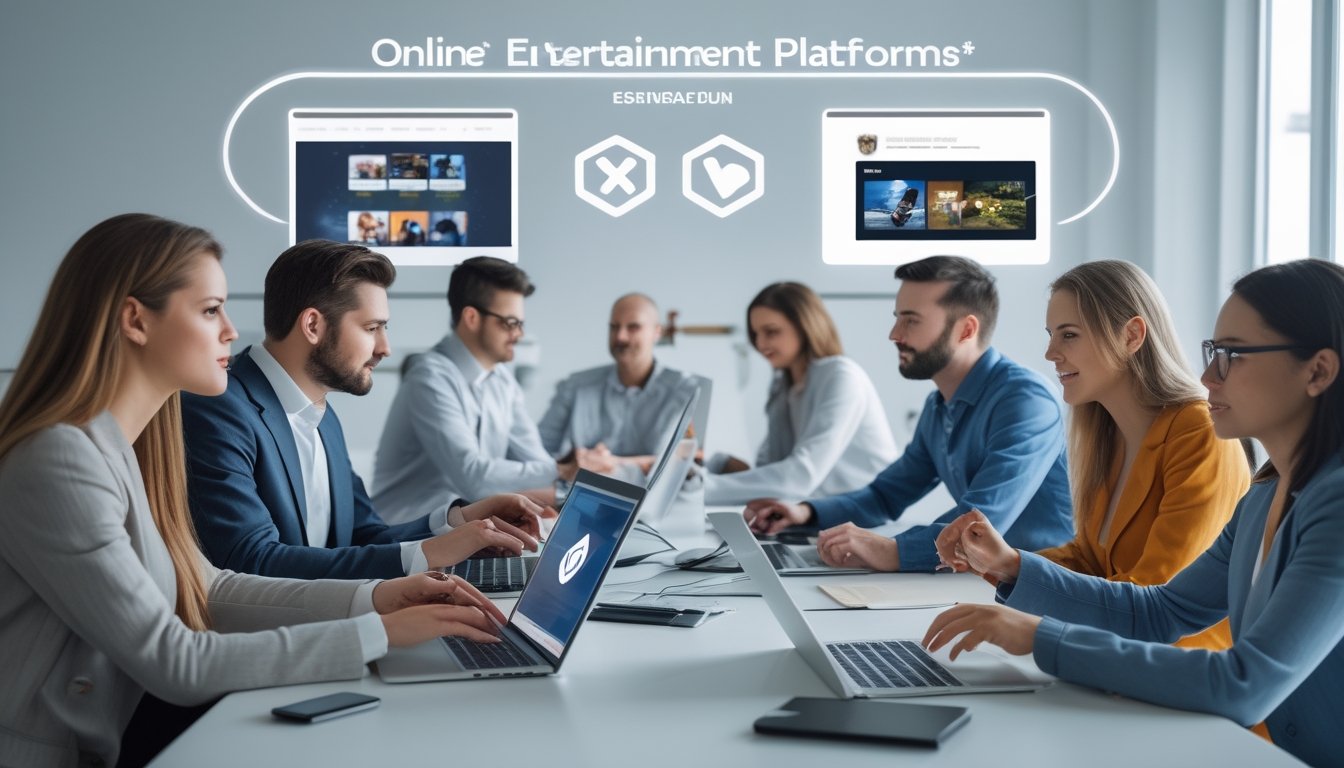 Beberapa orang menggunakan perangkat digital di ruang kerja modern, menunjukkan interaksi dengan platform hiburan online yang aman dan terpercaya.