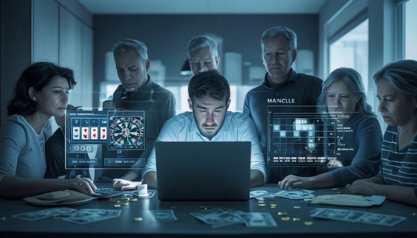 Seorang pria duduk di depan laptop dengan ekspresi serius, dikelilingi oleh anggota keluarga yang tampak khawatir, dengan suasana ruangan yang redup dan elemen yang menggambarkan perjudian online dan tekanan finansial.