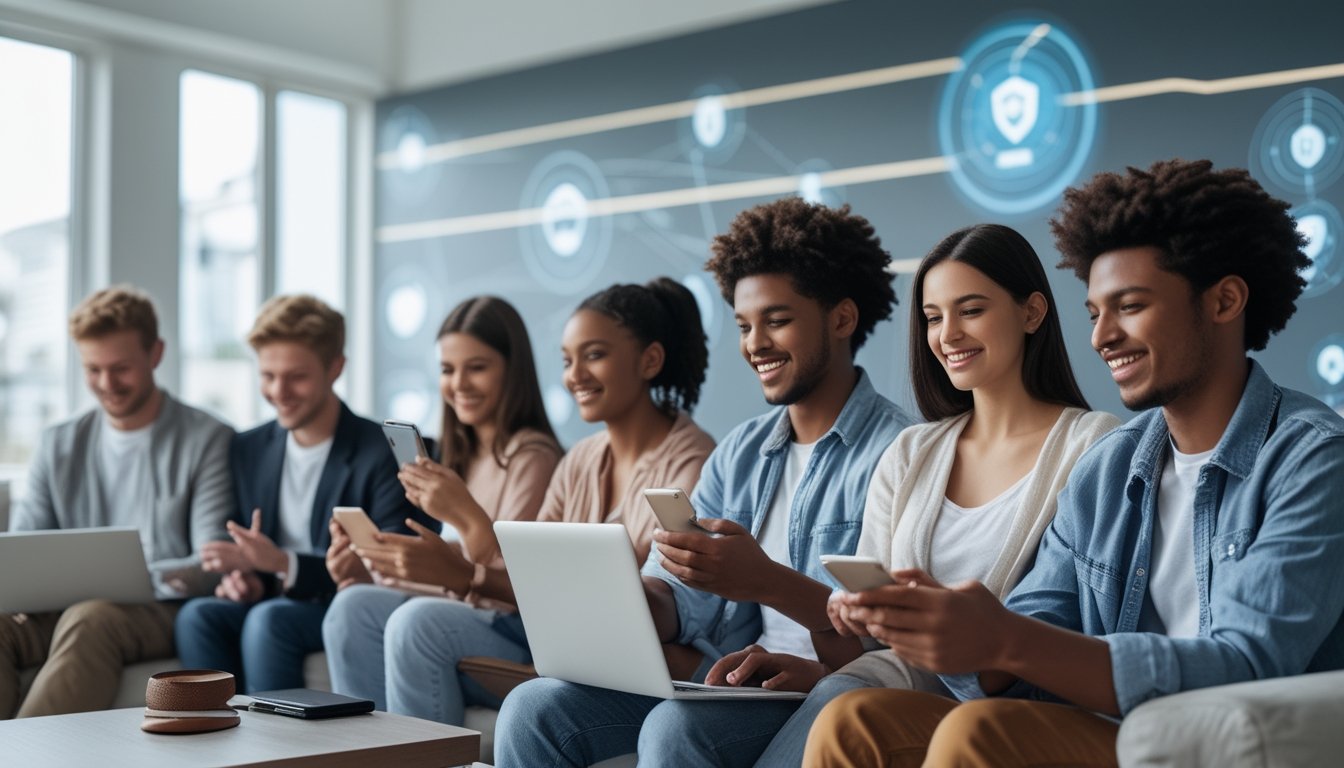 Sekelompok orang muda menggunakan perangkat digital di dalam ruangan yang nyaman, menikmati hiburan digital dengan ekspresi senang dan fokus.