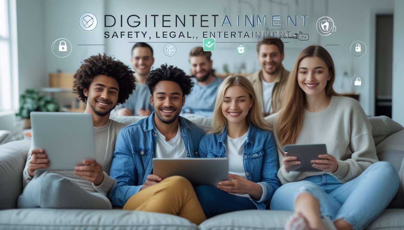 Sekelompok orang muda menggunakan perangkat digital di ruang tamu yang terang dan modern, menunjukkan hiburan digital yang aman dan legal.