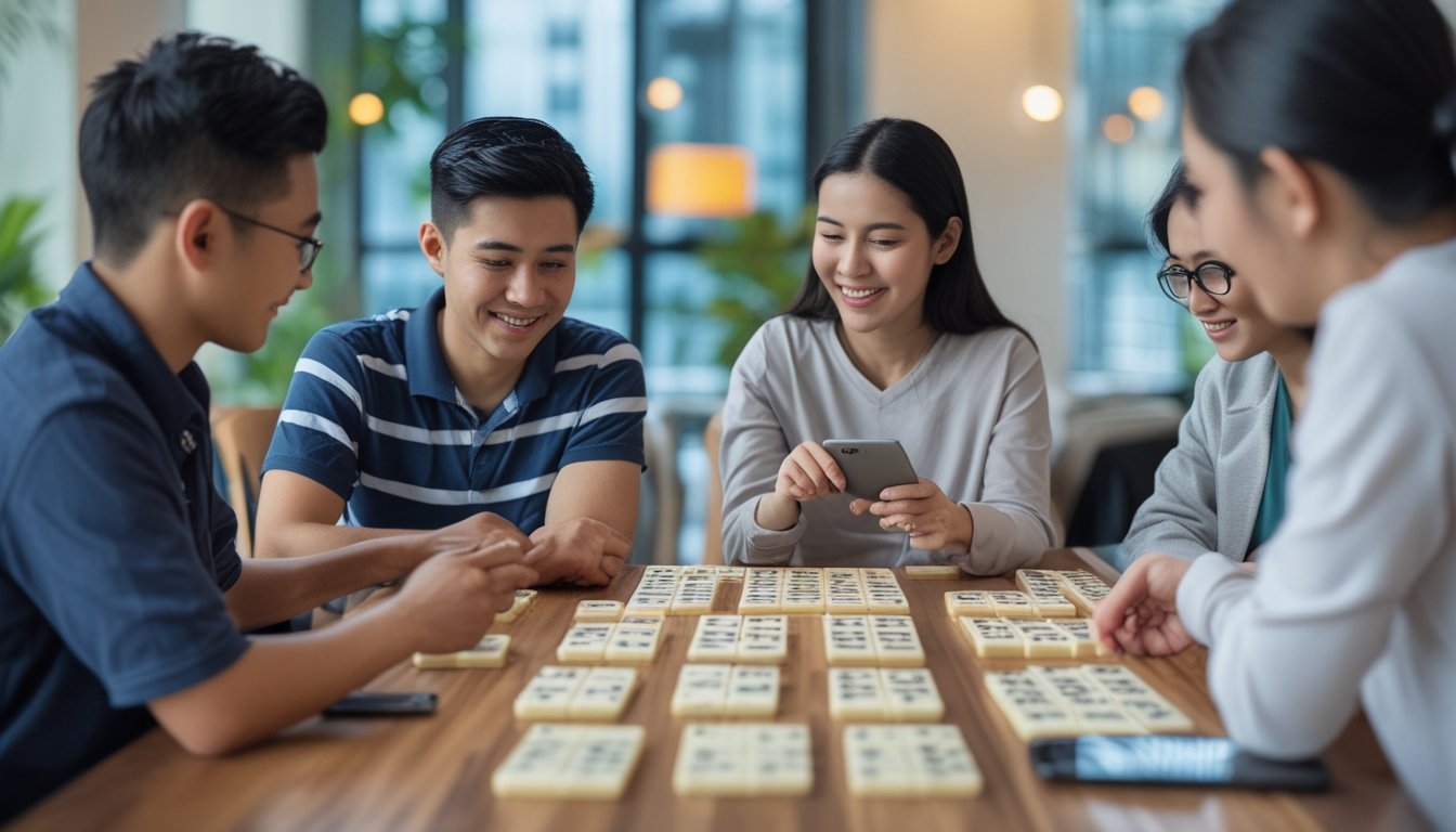 Beberapa orang sedang bermain permainan domino di atas meja kayu dalam ruangan yang terang.
