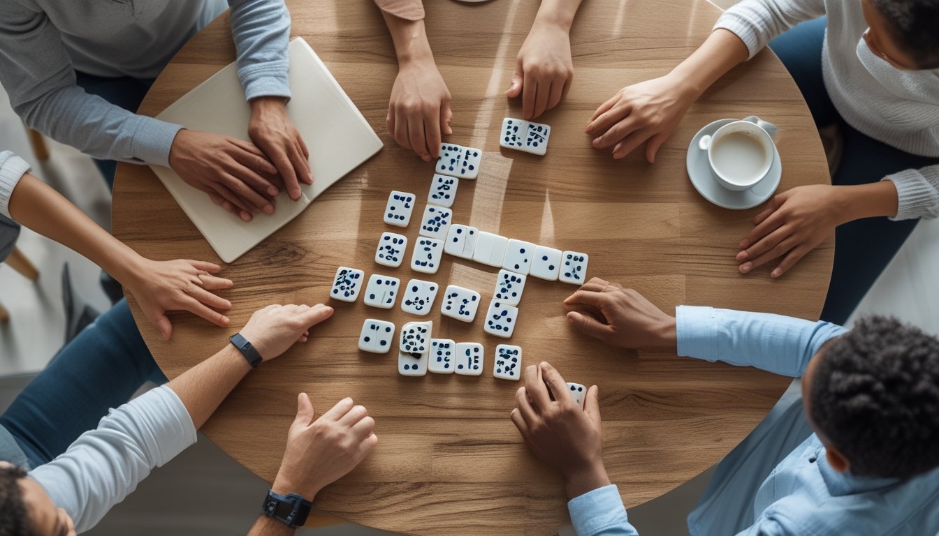 Beberapa tangan orang bermain permainan Ceme Domino di atas meja kayu dengan suasana terang dan santai.