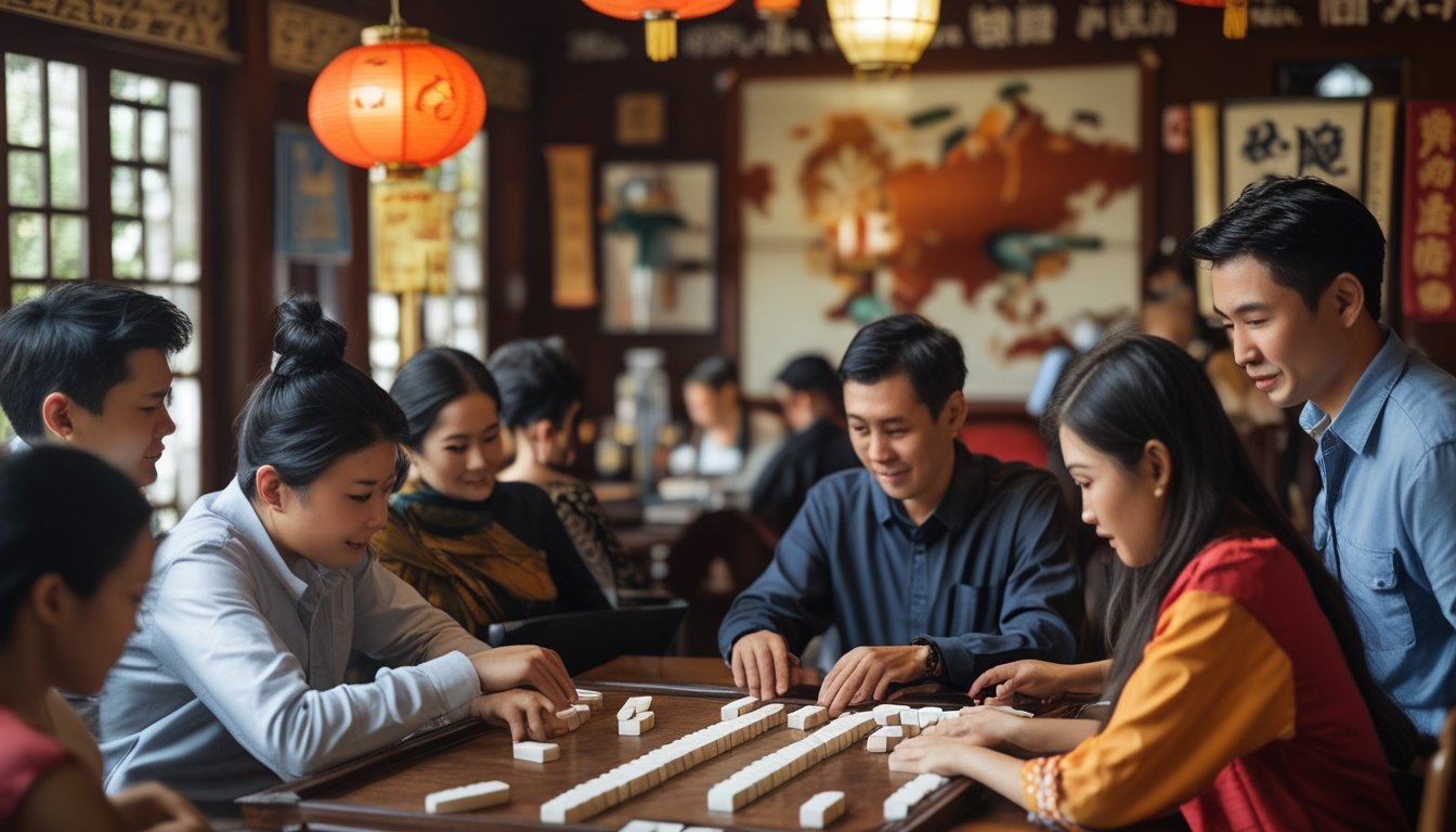 Beberapa orang dari berbagai budaya Asia sedang bermain Domino Ceme di meja kayu dengan dekorasi tradisional di sekelilingnya.
