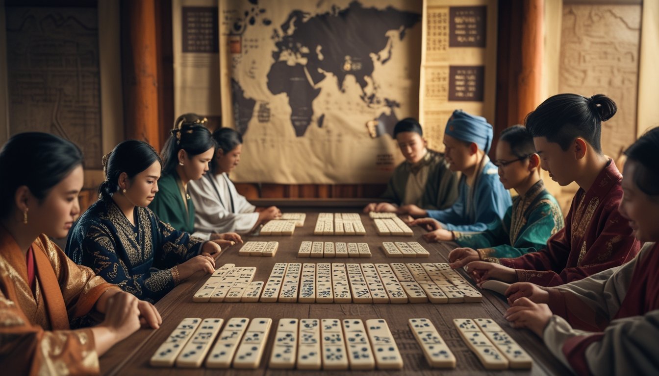 Beberapa orang Asia dari berbagai negara sedang bermain domino di atas meja kayu dengan latar belakang elemen budaya Asia.