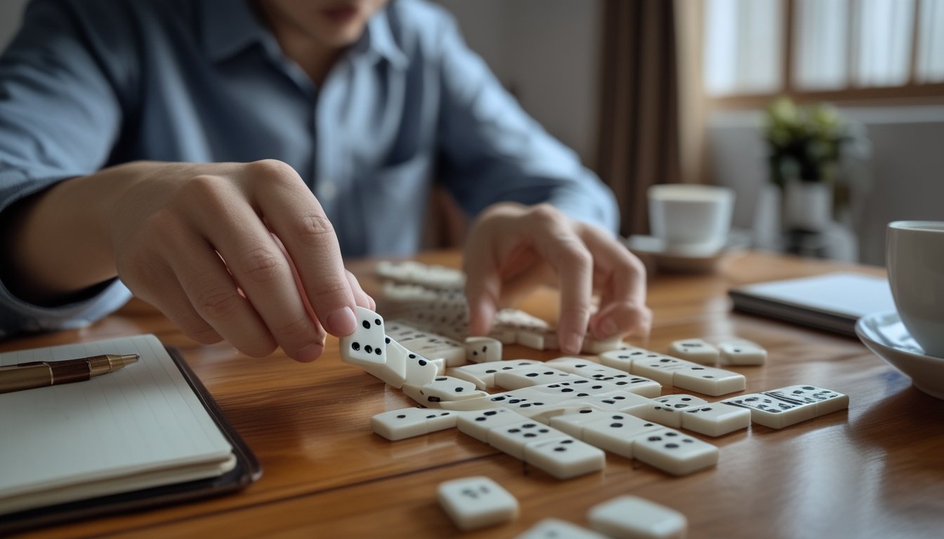 Seorang pemain berpengalaman sedang mengatur batu domino di atas meja kayu dengan fokus dan serius.