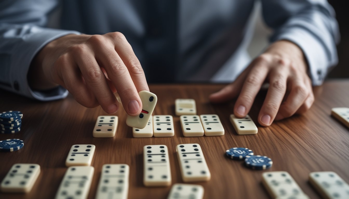 Seorang pemain sedang menata dan memegang domino di atas meja kayu dengan tumpukan chip di sampingnya.