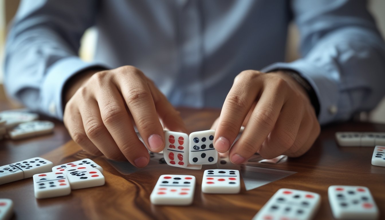 Tangan seseorang sedang memegang kartu domino di atas meja kayu dengan beberapa kartu domino tersebar, menunjukkan suasana bermain permainan Ceme Domino.