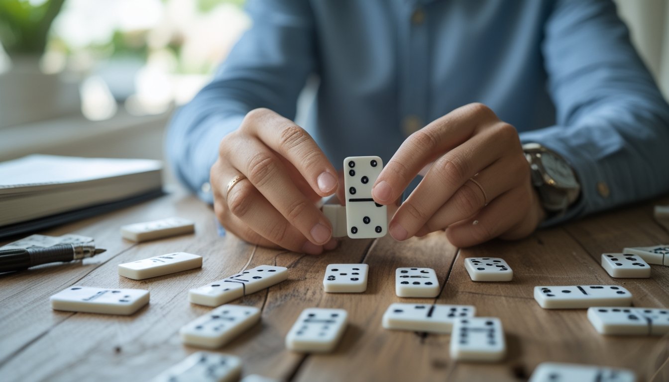 Tangan seseorang sedang memegang kartu domino di atas meja kayu dengan beberapa kartu domino tersebar di sekitarnya.