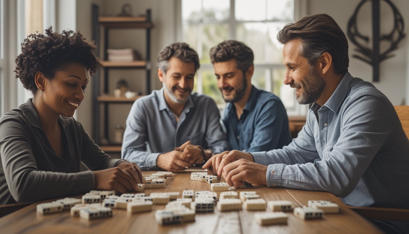 Beberapa orang duduk santai di sekitar meja bermain domino ceme dengan fokus dan serius.