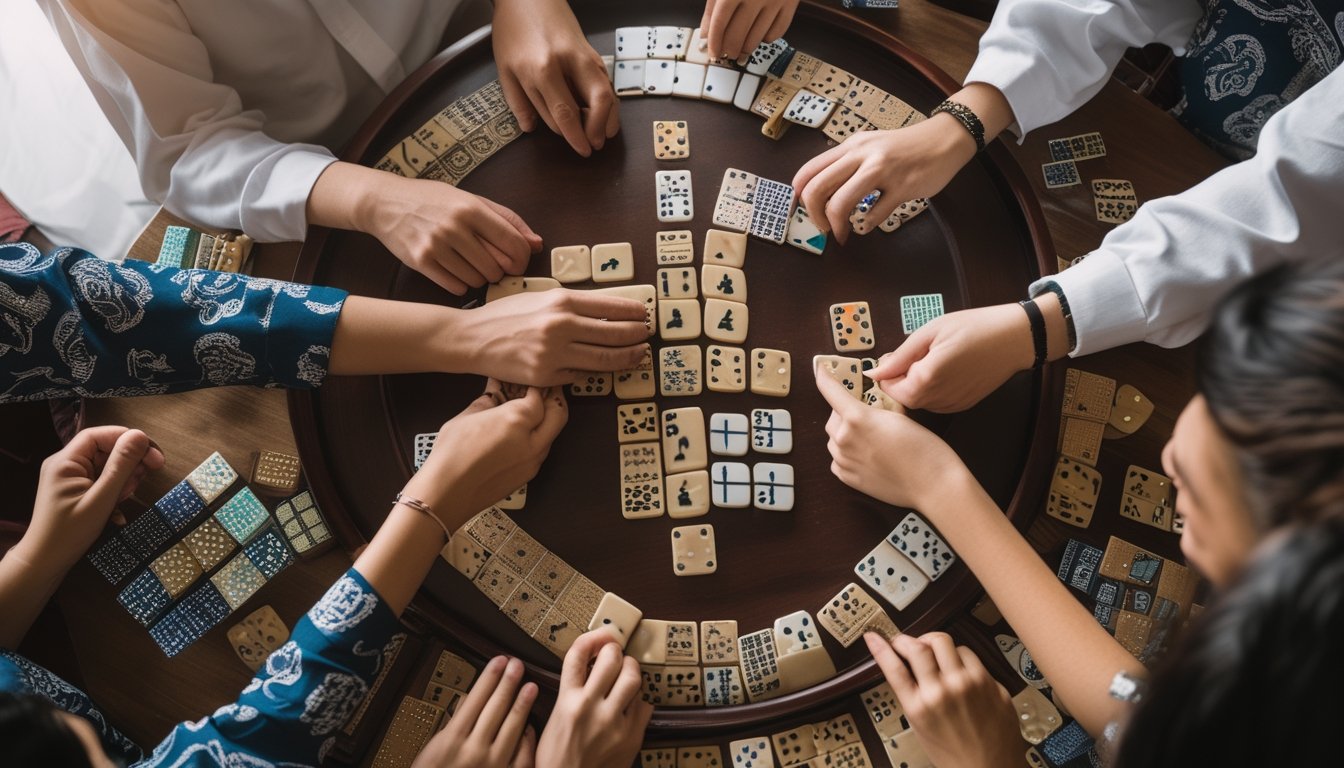 Beberapa orang sedang bermain permainan kartu domino di atas meja kayu dengan berbagai jenis permainan domino yang populer di Indonesia.