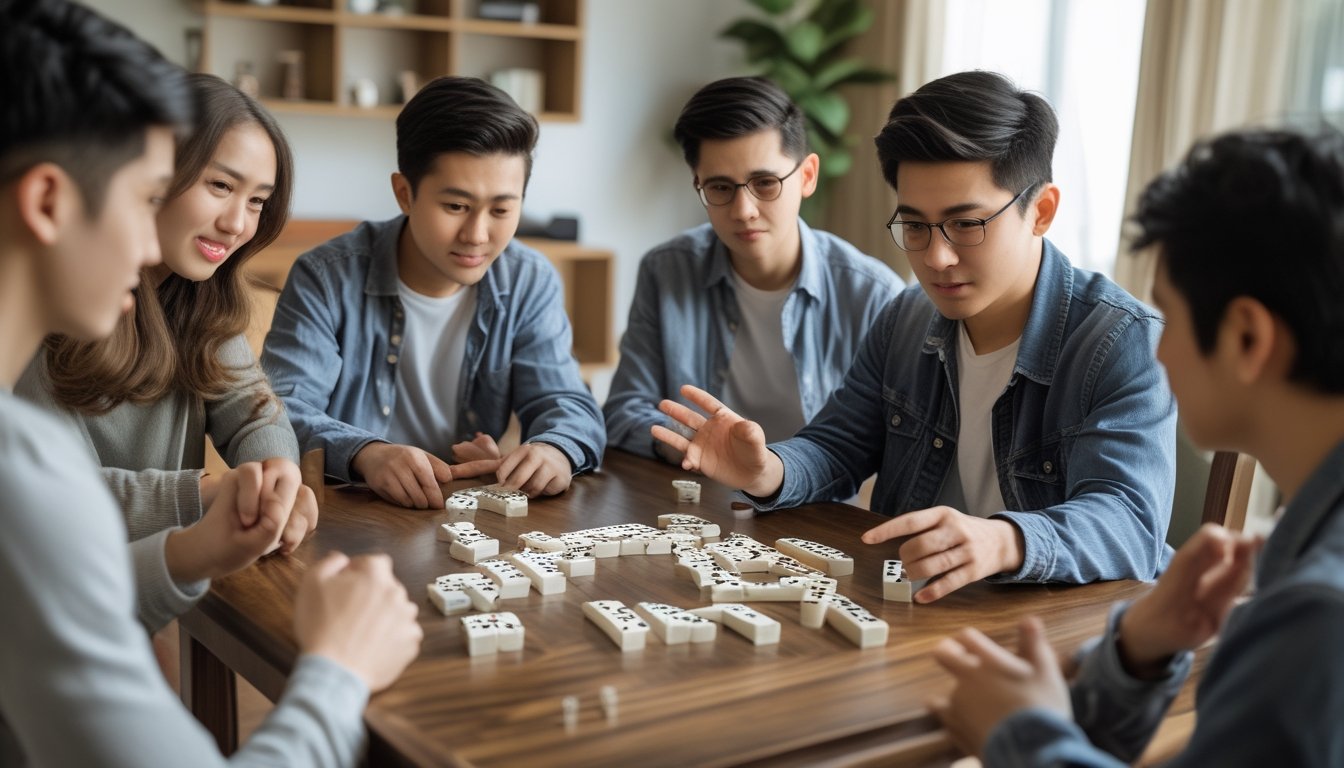 Sekelompok orang muda duduk di sekitar meja kayu bermain Domino QiuQiu dengan ekspresi fokus dan sedikit frustrasi.