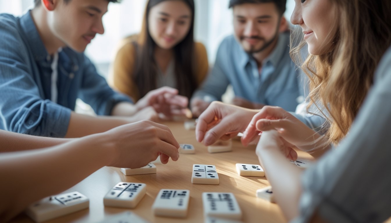Sekelompok orang muda sedang bermain Domino QiuQiu di atas meja dengan ekspresi fokus dan tangan yang memegang domino.