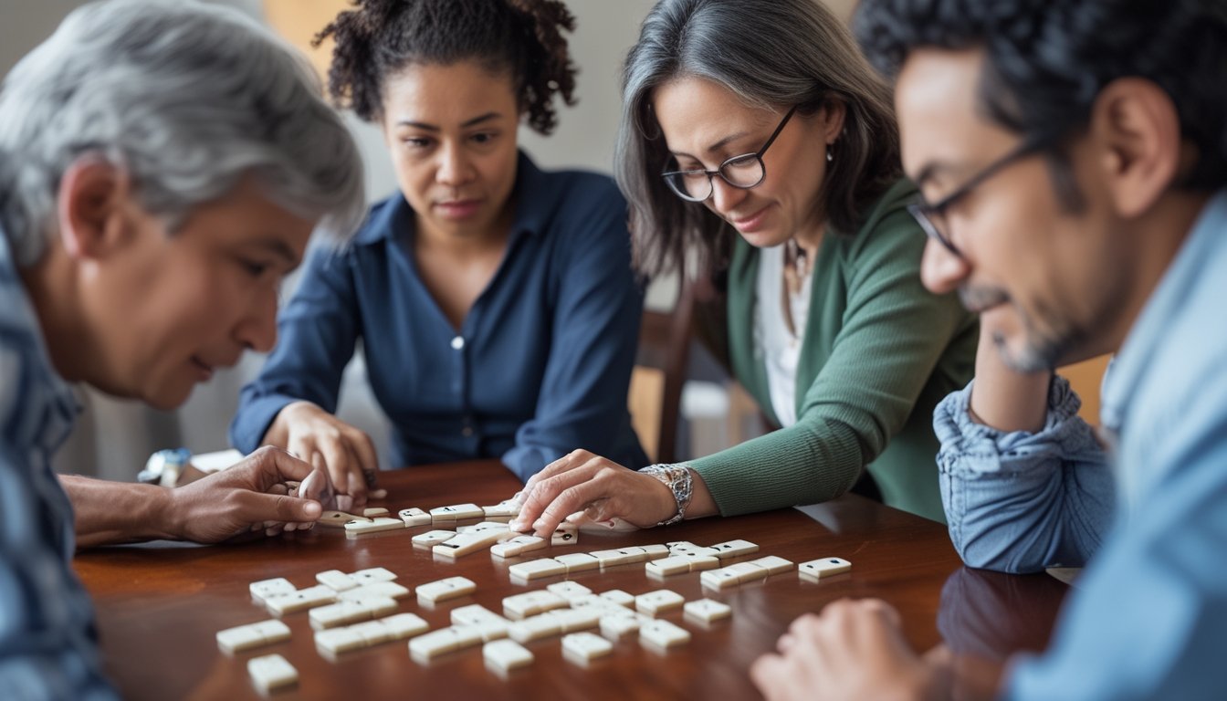 Sekelompok orang sedang bermain Domino Ceme dengan serius di meja kayu, memperhatikan pola domino yang tersusun.