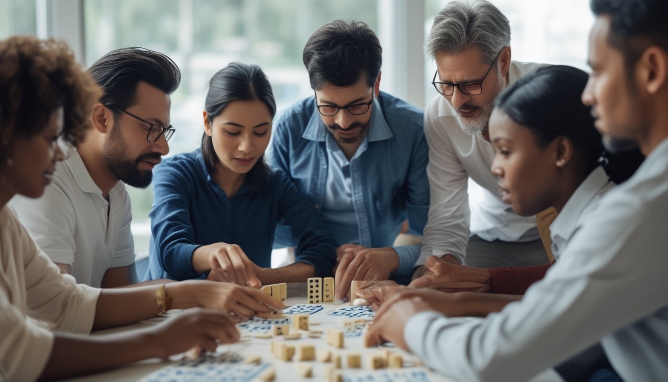 Sekelompok orang dewasa sedang bermain Domino Ceme dengan fokus di sekitar meja, memperhatikan pola pada batu domino.