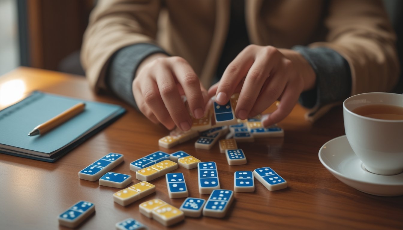 Tangan yang sedang mengatur batu domino di atas meja kayu dengan latar belakang kabur dan suasana yang hangat.