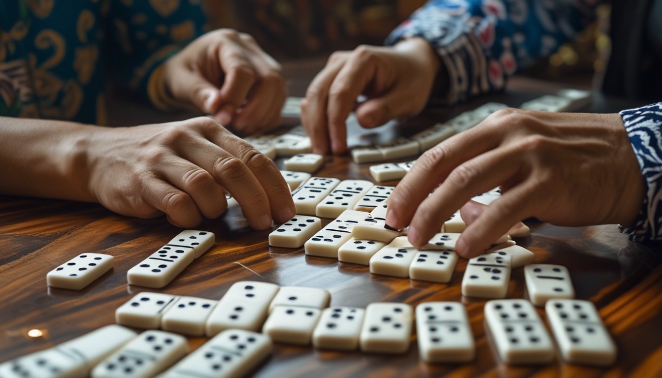 Beberapa orang sedang bermain permainan Ceme Domino di atas meja kayu dengan ubin domino yang terlihat jelas.