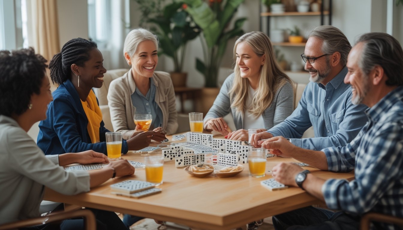 Sekelompok orang dewasa bermain domino ceme bersama di ruang tamu yang nyaman, tersenyum dan menikmati permainan tanpa unsur perjudian.