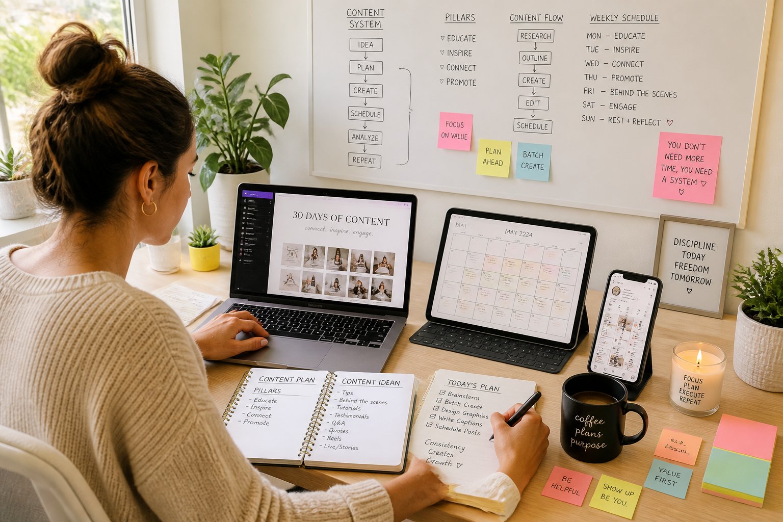 A person working at a desk with multiple digital devices and planners, organizing social media content for a month.