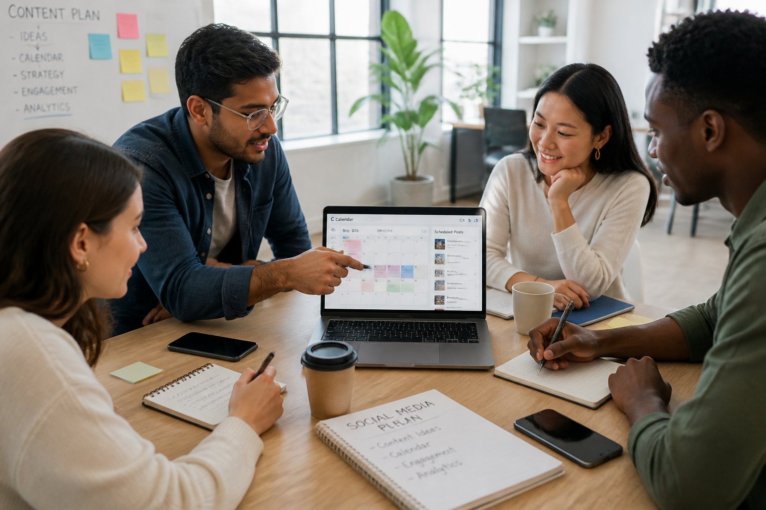 A group of professionals working together around a table with a laptop showing a calendar and social media tools, planning content in a bright office.