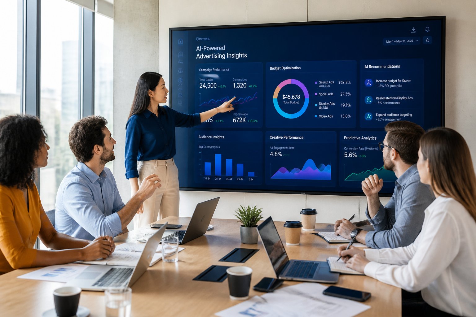 A diverse team of marketing professionals collaborating around a digital touchscreen displaying advertising data in a bright office.