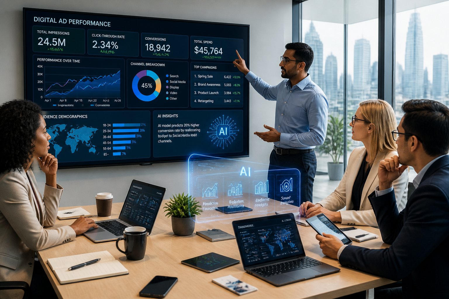 A group of business professionals in a modern office analyzing data on a large digital screen during a meeting.