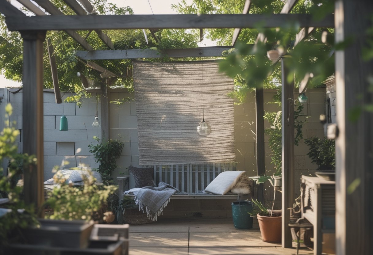 A backyard pergola with various shade solutions, showing tools and hands adjusting decorations in soft daylight.