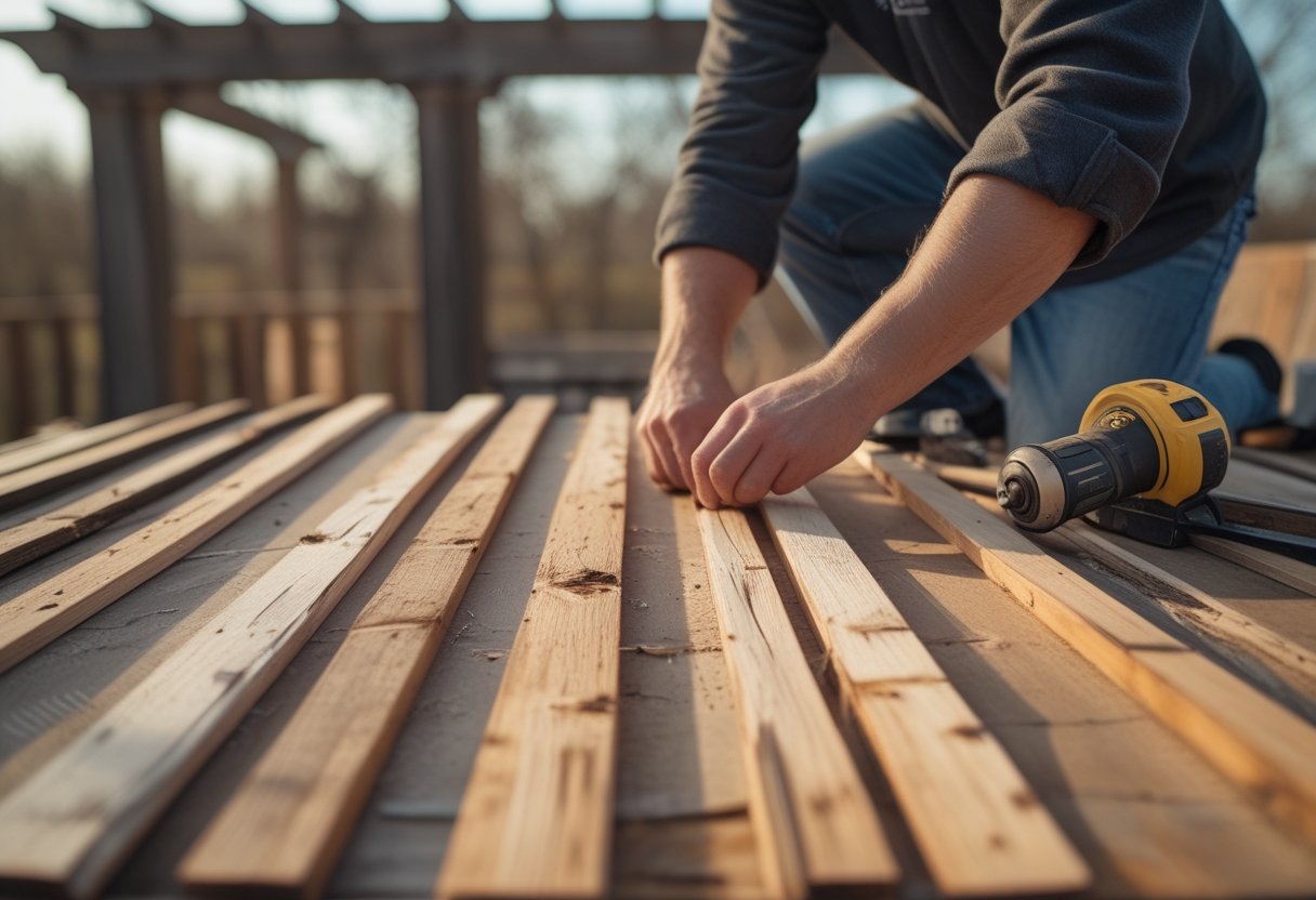 A casual DIY scene showing hands working on a cedar louvered roof made of reclaimed cedar slats with tools nearby, bathed in soft natural daylight.