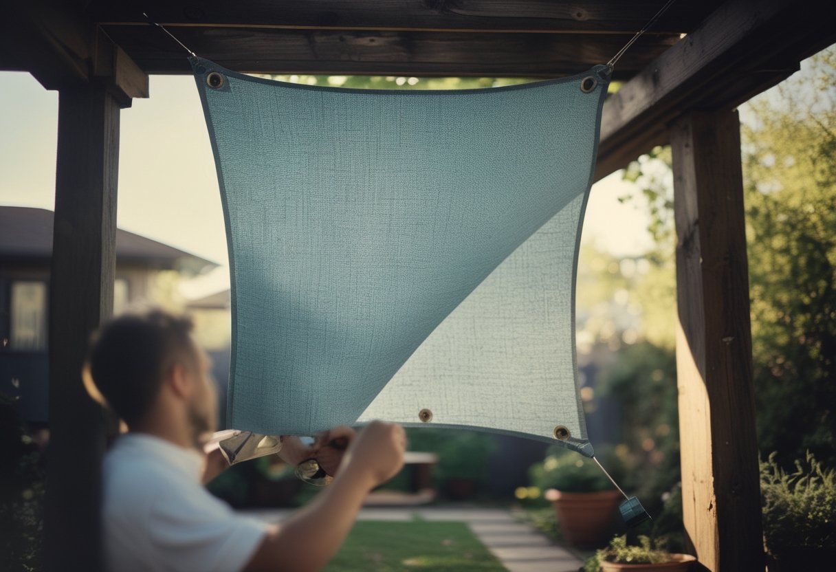 A person adjusting a retractable square shade sail on a wooden pergola in a backyard, with garden plants and stone patio visible in the background.