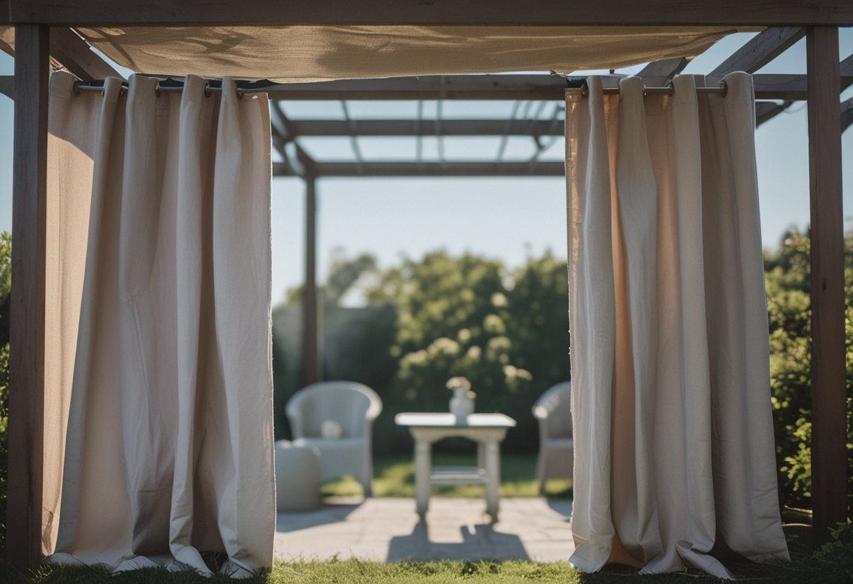 Outdoor pergola with black grommet curtains partially drawn, hands adjusting the curtains, and gardening tools on a small table nearby.
