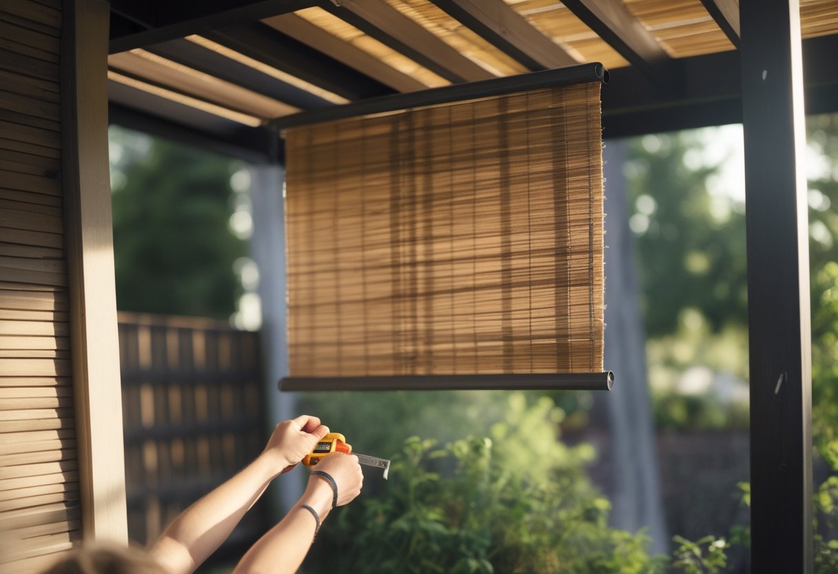 Hands adjusting a bamboo roll-up shade on a pergola outdoors with tools nearby and natural greenery in the background.