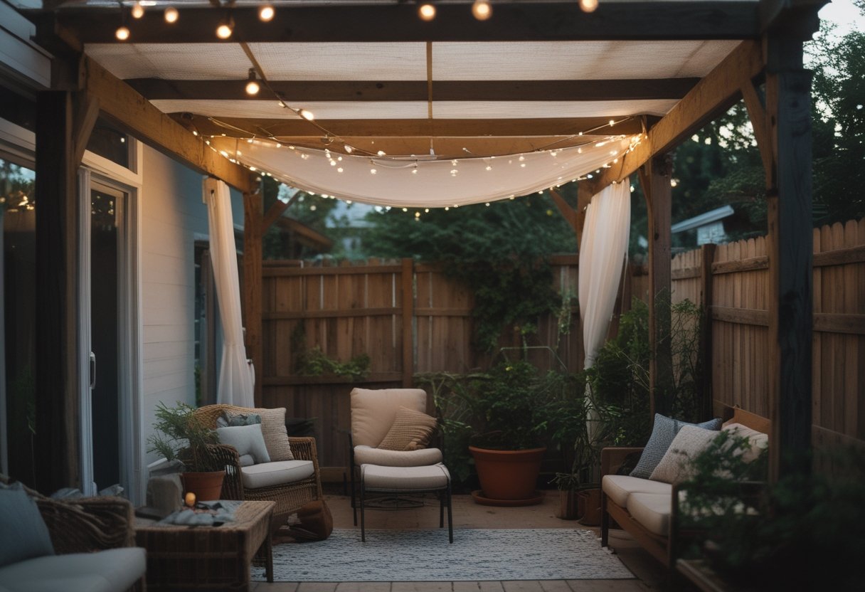 A backyard pergola with soft LED string lights overhead, simple shade fabrics, potted plants, and gardening tools resting nearby, bathed in natural daylight.