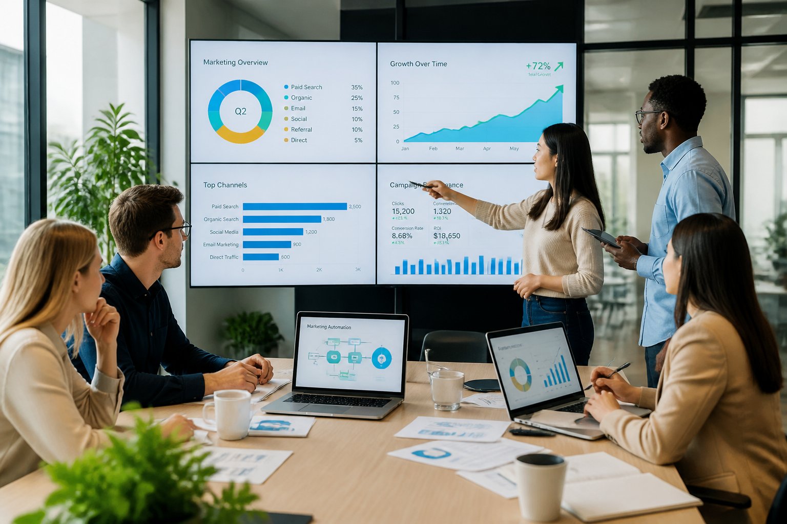A group of business professionals collaborating in an office, analyzing marketing data on digital screens.