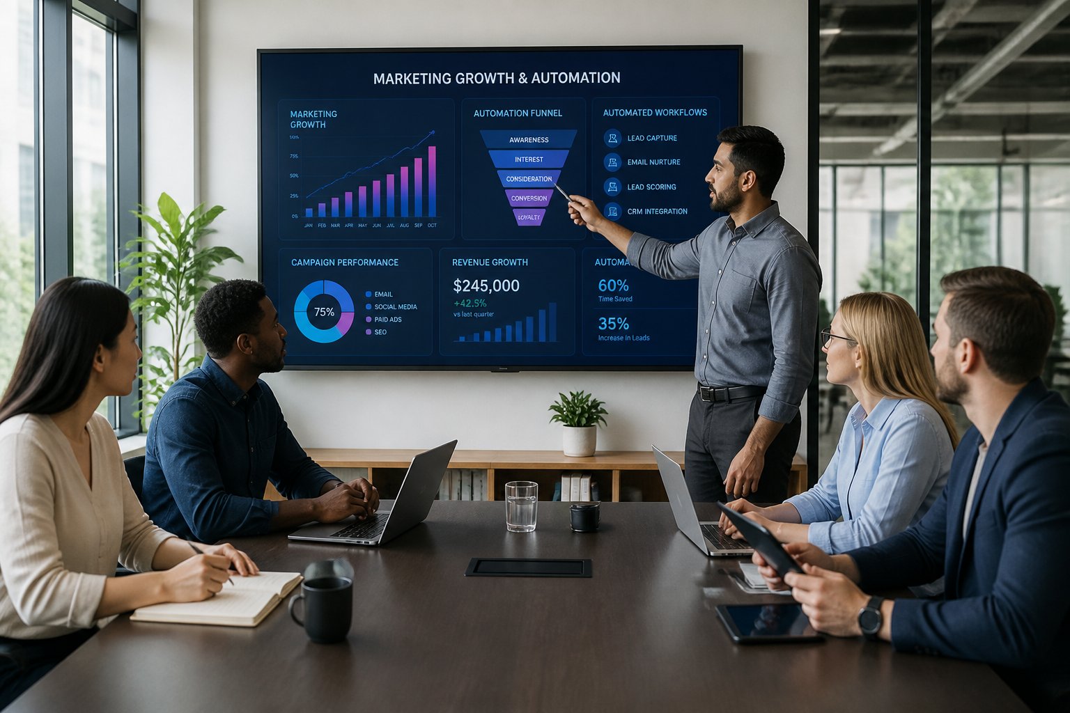 A group of business professionals collaborating around a conference table with a digital screen showing charts and graphs.