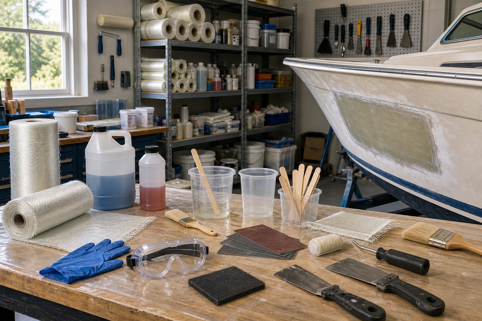 A workspace with fiberglass boat repair supplies including resin containers, fiberglass cloth, brushes, gloves, and a partially repaired boat hull.