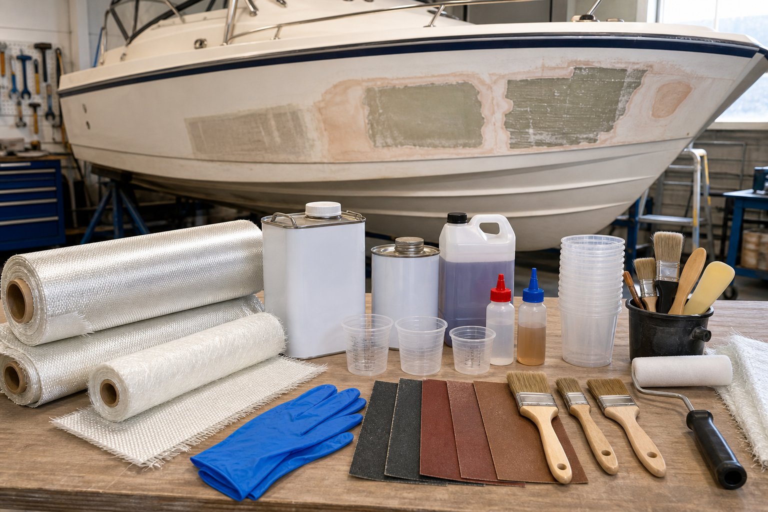 A workspace showing various fiberglass boat repair materials like cloth rolls, resin containers, brushes, and gloves arranged on a workbench next to a partially repaired boat hull.