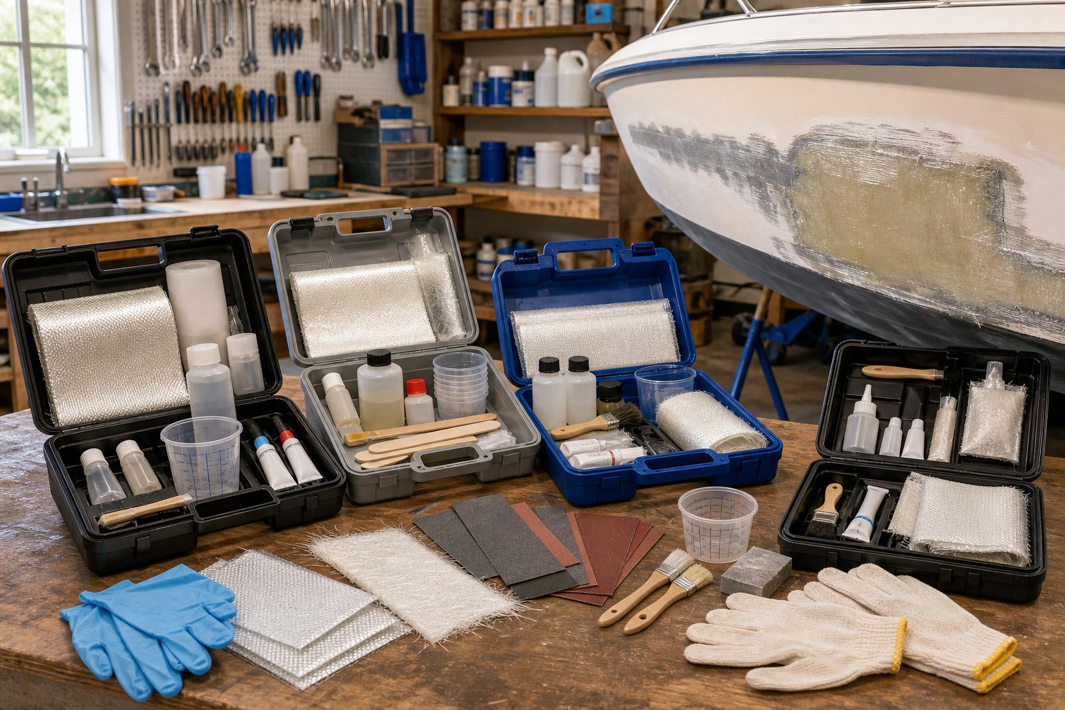 A workbench with fiberglass boat repair kits and tools arranged next to a partially repaired boat hull in a workshop.