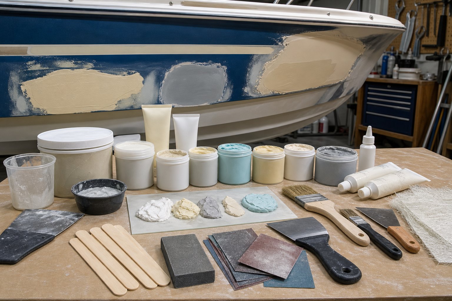 A workbench with fiberglass boat repair supplies including fillers, putties, additives, tools, and a partially repaired boat hull in the background.